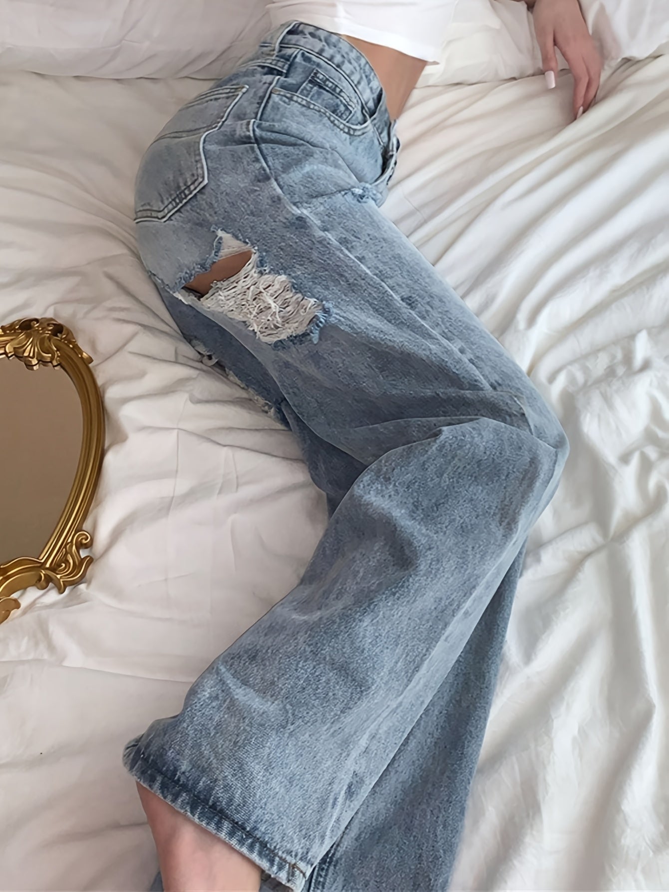 Women's High-Rise Straight Leg Ripped Jeans - Distressed Denim in Light Wash, Casual Street Style for Parties, Travel & Casual Attire